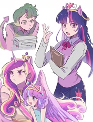 Size: 1109x1444 | Tagged: safe, artist:cuancuan94835, artist:memoji_7672, princess cadance, princess flurry heart, spike, twilight sparkle, human, g4, alicorn humanization, big crown thingy, book, eared humanization, element of magic, horn, horned humanization, humanized, jewelry, light skin, moderate dark skin, open mouth, pale skin, regalia, simple background, smiling, stack of papers, sweat, sweatdrop, tail, tailed humanization, tan skin, white background, winged humanization, wings