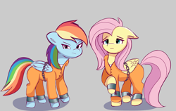Size: 2048x1298 | Tagged: safe, artist:nari_artsz, fluttershy, rainbow dash, g4, bound wings, chained, chains, clothes, commissioner:rainbowdash69, cuffed, grumpy, jumpsuit, never doubt rainbowdash69's involvement, prison outfit, prisoner ft, prisoner rd, sad, shackles, shirt, undershirt, wings