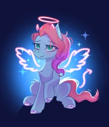 Size: 1166x1365 | Tagged: safe, artist:maxi_ponie, jazz hooves, earth pony, pony, g5, angelic wings, chest fluff, colored hooves, demon horns, eye clipping through hair, eyebrows, eyebrows visible through hair, female, floating wings, halo, horns, lidded eyes, mare, signature, sitting, smiling, solo, sparkles, unshorn fetlocks, wings