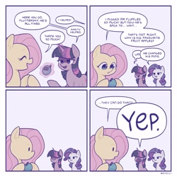 Size: 3000x3000 | Tagged: safe, artist:evelili, fluttershy, rarity, twilight sparkle, pony, unicorn, g4, blatant lies, comic, dialogue, hair over eyes, happy, high res, implied death, lidded eyes, nervous sweat, smiling, tamagotchi, unicorn twilight