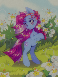 Size: 1875x2500 | Tagged: safe, artist:pierogarts, star swirl, bee, earth pony, insect, pony, mlp fim's thirteenth anniversary, g4, bipedal, bouquet, bow, ear fluff, female, flower, flower in hair, grainy, grass, headband, lens flare, mare, purple eyes, ribbon, smiling, solo, stars, turned head