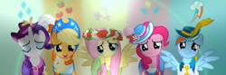 Size: 1549x516 | Tagged: safe, artist:kapicator, applejack, fluttershy, pinkie pie, rainbow dash, rarity, g4, magical mystery cure, applejack's cutie mark, crying, floral head wreath, flower, fluttershy's cutie mark, hat, pinkie pie's cutie mark, rainbow dash's cutie mark, rarity's cutie mark, remane five, tears of joy, teary eyes, wavy mouth