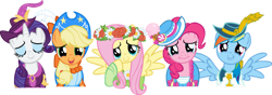 Size: 1511x529 | Tagged: safe, artist:kapicator, applejack, fluttershy, pinkie pie, rainbow dash, rarity, g4, magical mystery cure, crying, floral head wreath, flower, hat, remane five, simple background, tears of joy, teary eyes, touched, transparent background, vector, wavy mouth