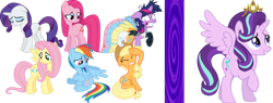 Size: 1450x551 | Tagged: safe, artist:littlewingedkuriboh, edit, vector edit, applejack, fluttershy, pinkie pie, rainbow dash, rarity, starlight glimmer, twilight sparkle, alicorn, pony, g4, lesson zero, magical mystery cure, the crystalling, alicornified, alternate universe, character swap, jewelry, mane six, race swap, spiderverse, starlicorn, tiara, twilight snapple, vector, xk-class end-of-the-world scenario