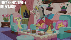 Size: 828x465 | Tagged: safe, edit, edited screencap, editor:quoterific, screencap, discord, fluttershy, draconequus, pegasus, pony, discordant harmony, g4, season 7, clothes, couch, discord's house, duo, duo male and female, female, folded wings, food, frown, glasses, looking at each other, looking at someone, male, mare, mismatched wings, necktie, open mouth, open smile, sandwich, sitting, smiling, spread wings, wings