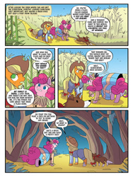 Size: 768x1024 | Tagged: safe, artist:jenna ayoub, idw, official comic, applejack, pinkie pie, winona, dog, earth pony, pony, g4, my little pony classics reimagined: the unicorn of odd, official, spoiler:comic, applejack's hat, bandana, bow, clothes, comic, cornfield, cowboy hat, creature, dark jungle & forest, dialogue box, dorothy gale, farm, female, forest, hair bow, hat, jungle, mare, munchkin country, nature, overalls, oz, scarecrow, silver shoes, speech bubble, the land of oz, the scarecrow, the unicorn of odd, the wizard of oz, toto, tree, yellow brick road