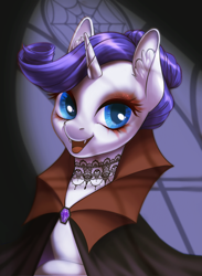Size: 2090x2850 | Tagged: safe, artist:taytinabelle, rarity, pony, undead, unicorn, vampire, vampony, g4, cape, clothes, costume, ear fluff, eyeshadow, fangs, female, halloween, halloween costume, high res, holiday, horn, lace, looking at you, makeup, mare, open mouth, smiling, solo