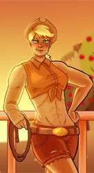 Size: 1080x1980 | Tagged: safe, artist:iceyspiceym, applejack, human, g4, abs, apple, apple tree, applejack's hat, bedroom eyes, belly button, belt, blushing, clothes, cowboy hat, female, fence, food, freckles, hat, humanized, muscles, pants, ripped pants, short shirt, shorts, solo, sunset, torn clothes, tree
