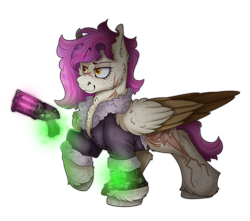 Size: 2600x2300 | Tagged: safe, artist:molars, oc, oc only, oc:molars, pegasus, pony, ashes town, fallout equestria, artificial magic, ashes town oc, bomber jacket, branded, brown feathers, burn, burn scars, chest fluff, clothes, coat, colored hooves, colored wings, curly mane, dashite, dashite brand, eyebrows, eyelashes, fallout equestria oc, fantasy gun, female, fluffy mane, folded wings, glowing, gray hooves, gun, high res, jacket, levitation, magic, mare, pink mane, pipbuck, raised eyebrow, raised leg, removed cutie mark, ripped ear, scar, short, simple background, smiling, smirk, solo, static pose, telekinesis, transparent background, unshorn fetlocks, weapon, wings, yellow eyes