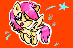 Size: 3840x2535 | Tagged: safe, artist:kruvvv, fluttershy, pegasus, pony, g4, :p, ;p, alternate hairstyle, flying, grin, happy, high res, hooves to the chest, looking at something, one eye closed, orange background, raised hoof, short hair, short mane, simple background, smiling, solo, spread wings, tongue out, wings, wink