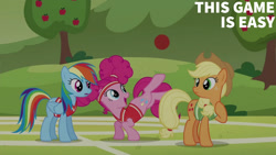 Size: 1280x720 | Tagged: safe, edit, edited screencap, editor:quoterific, screencap, applejack, pinkie pie, rainbow dash, buckball season, g4, apple, apple tree, buckball field, food, tree