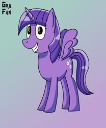 Size: 2480x2977 | Tagged: safe, artist:gradiusfanatic, oc, oc only, oc:lavender, alicorn, pony, alicorn oc, blue background, female, gradient background, grin, high res, horn, lavender background, not twilight sparkle, purple background, smiling, solo, standing, wings