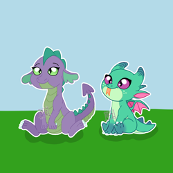 Size: 2500x2500 | Tagged: safe, artist:ponyrasmeii, derpibooru exclusive, sparky sparkeroni, spike, dragon, mlp fim's thirteenth anniversary, g4, g5, baby, baby dragon, high res, sitting, sparky and his hero