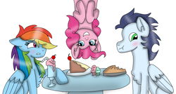Size: 1340x720 | Tagged: safe, artist:dasher666, artist:justcallmescaizor, edit, pinkie pie, rainbow dash, soarin', earth pony, pegasus, pony, g4, blushing, cake, cupcake, date, drink, female, food, in which pinkie pie forgets how to gravity, male, mare, milkshake, pie, pinkie being pinkie, pinkie physics, ship:soarindash, shipping, simple background, stallion, straight, upside down, white background