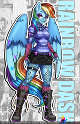 Size: 792x1224 | Tagged: safe, artist:inkkeystudios, gameloft, rainbow dash, pegasus, anthro, g4, my little pony: magic princess, arm warmers, boots, clothes, edgy rainbow dash, emo, emodash, fishnet stockings, furry, goth, makeup, punk, rainbow goth, rainbow punk, shoes, skirt, solo, wings