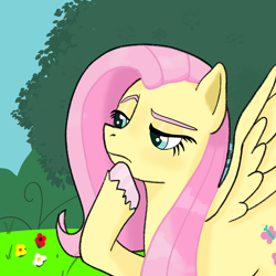 Size: 1214x1214 | Tagged: safe, artist:bigmike, fluttershy, pegasus, pony, g4, colored eyebrows, colored hooves, female, frown, hoof on chin, mare, outdoors, pink eyebrows, pink hair, pink mane, solo, teal eyes, unshorn fetlocks, wings, yellow body, yellow coat, yellow fur, yellow pony, yellow wings