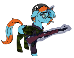 Size: 1662x1308 | Tagged: safe, artist:cassava, oc, oc only, oc:frizzen, pony, unicorn, 2023, armor, beanie, camouflage, cigarette, clothes, commission, frown, glasses, gun, hat, magic, rifle, simple background, sks, solo, stockings, tail, telekinesis, thigh highs, tired eyes, transparent background, two toned mane, weapon