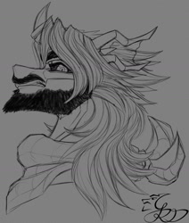 Size: 1192x1405 | Tagged: safe, artist:thatonegib, oc, oc only, oc:gib riel-delano, changedling, changeling, angry, bandana, bangs, beard, black and white, bust, changedling oc, changeling oc, death stare, facial hair, grayscale, horn, horn ring, jewelry, long hair, looking at you, monochrome, moustache, portrait, ring, sketch, solo, wedding ring