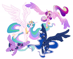 Size: 2500x2051 | Tagged: safe, artist:lumise05, part of a set, princess cadance, princess celestia, princess luna, twilight sparkle, alicorn, pony, g4, 2021, alicorn tetrarchy, anatomically incorrect, closed mouth, colored wings, crown, ethereal hair, ethereal mane, ethereal tail, extra wing joint, eyeshadow, female, flying, gradient mane, gradient tail, gradient wings, group, high res, hoof shoes, horn, jewelry, lidded eyes, makeup, mare, missing cutie mark, peytral, princess shoes, regalia, simple background, smiling, spread wings, tail, tiara, twilight sparkle (alicorn), white background, wings