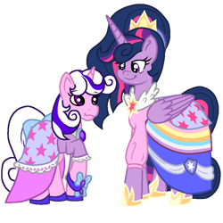 Size: 800x800 | Tagged: safe, artist:lindasaurie, derpibooru exclusive, twilight, twilight sparkle, alicorn, pony, unicorn, mlp fim's thirteenth anniversary, g1, g4, alternate hairstyle, bow, clothes, colored lineart, cutie mark on clothes, dress, duo, duo female, ethereal mane, eyebrows, eyebrows visible through hair, female, height difference, jewelry, looking at each other, looking at someone, mare, older, older twilight, older twilight sparkle (alicorn), princess twilight 2.0, raised hoof, shoes, simple background, smiling, smiling at each other, tail, tail bow, transparent background, twilight sparkle (alicorn)