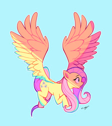 Size: 1670x1870 | Tagged: safe, artist:lumise05, fluttershy, pegasus, pony, g4, 2021, female, flying, impossibly large wings, large wings, mare, outline, signature, simple background, solo, spread wings, teal background, white outline, wings