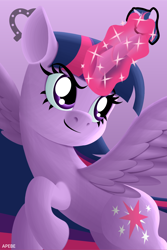 Size: 2250x3376 | Tagged: safe, artist:apebe, twilight sparkle, alicorn, pony, g4, abstract background, closed mouth, female, glowing, glowing horn, gradient background, high res, horn, icon, magic, magic aura, mare, poster, solo, spread wings, symbol, twilight sparkle (alicorn), watermark, wings