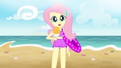 Size: 1920x1080 | Tagged: safe, artist:thegamemasternight3, fluttershy, equestria girls, g4, beach, clothes, food, ice cream, ocean, purple bikini, purple swimsuit, sand, swimsuit, water