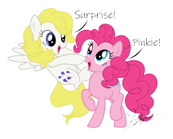 Size: 5000x4000 | Tagged: safe, artist:feather_bloom, artist:kaitykat117, pinkie pie, surprise, earth pony, pegasus, pony, mlp fim's thirteenth anniversary, g1, g4, adoraprise, base used, belly, boop, cute, diapinkes, duo, featured image, female, flying, g1 to g4, generation leap, generational ponidox, mare, raised hoof, simple background, speech bubble, talking, transparent background, vector, xk-class end-of-the-world scenario