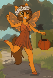 Size: 1170x1714 | Tagged: safe, artist:marsminer, oc, oc only, oc:venus spring, fairy, pony, unicorn, anthro, unguligrade anthro, braces, brown hair, brown mane, brown tail, clothes, costume, cute, dress, fairy costume, fairy wings, female, female oc, floral head wreath, flower, halloween, happy, hidden horn, holiday, horn, mare, mare oc, marsminer is trying to murder us, ocbetes, orange body, orange coat, orange eyes, orange fur, orange pony, outdoors, patreon, patreon reward, pony oc, pumpkin bucket, small horn, solo, tail, unicorn oc, venus spring actually having a pretty good time, wings