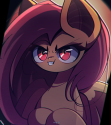 Size: 2400x2700 | Tagged: safe, artist:miryelis, fluttershy, bat pony, pony, g4, bat ponified, big ears, evil smile, female, flutterbat, glowing, glowing eyes, grin, high res, long hair, mare, race swap, red eyes, signature, smiling, solo