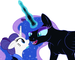 Size: 2551x2030 | Tagged: safe, artist:grypher, nightmare moon, rarity, alicorn, pony, unicorn, g4, alternate hairstyle, alternate timeline, ethereal mane, fangs, female, folded wings, glowing, glowing horn, high res, horn, implied lesbian, lesbian, looking at each other, looking at someone, magic, magic aura, mare, missing accessory, night maid rarity, nightmare takeover timeline, ship:nightrarity, shipping, simple background, starry mane, transparent background, wings