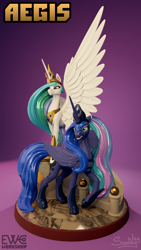 Size: 900x1600 | Tagged: safe, artist:sunny way, princess celestia, princess luna, alicorn, pony, g4, 3d, art, artwork, brave, craft, crown, digital art, duo, feather, female, figurine, fit, hoof shoes, horn, jewelry, large wings, long mane, long tail, mare, muscles, one wing out, peytral, princess, princess shoes, regalia, ruler, sculpture, siblings, sisters, slender, spread wings, stairs, statue, sternocleidomastoid, tail, tall, thin, wings, zbrush