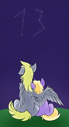 Size: 5124x9318 | Tagged: safe, artist:mix333, derpibooru exclusive, derpy hooves, dinky hooves, pegasus, pony, unicorn, mlp fim's thirteenth anniversary, g4, constellation, cute, derpabetes, duo, female, hug, mare, rear view, simple background, sky, stars, wing fluff, winghug, wings