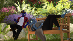 Size: 1920x1080 | Tagged: safe, artist:anthroponiessfm, oc, oc:galahad lazuli, oc:lulia lazuli, unicorn, anthro, plantigrade anthro, 3d, anthro oc, barefoot, bench, clothes, feet, female, flannel, garden, horn, looking at someone, looking up, male, pants, shoes, siblings, source filmmaker, talking, tank top, unicorn oc