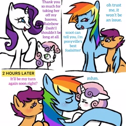 Size: 2048x2048 | Tagged: safe, artist:phantarays, rainbow dash, rarity, scootaloo, sweetie belle, pegasus, pony, unicorn, g4, 3 panel comic, age difference, blushing, comic, dialogue, eyes closed, fanart, female, filly, foal, foalsitting, french kiss, high res, horn, hug, kiss on the lips, kissing, lesbian, mare, open mouth, open smile, rainbow dash is a foal fiddler, raised hoof, ship:scootadash, ship:sweetiedash, shipping, simple background, smiling, this will end in jail time, winghug, wings