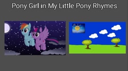 Size: 1080x605 | Tagged: artist needed, safe, artist:tridashie, rainbow dash, twilight sparkle, alicorn, pegasus, pony, pony girl, series:my little pony rhymes, g4, 1000 years in photoshop, flying, moon, music video, stars, tree, twilight sparkle (alicorn)