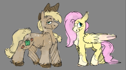 Size: 1072x595 | Tagged: safe, artist:molars, applejack, fluttershy, earth pony, pegasus, pony, g4, coat markings, colored wings, colored wingtips, countershading, dappled, doodle, freckles, hat, lidded eyes, looking at you, redesign, smiling, unshorn fetlocks, wings