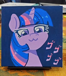 Size: 2224x2592 | Tagged: safe, artist:dandy, twilight sparkle, pony, unicorn, g4, :3, acrylic painting, bust, eyebrows, eyebrows visible through hair, female, high res, horn, japanese, jojo's bizarre adventure, looking at you, looking down, looking down at you, mare, menacing, solo, text, traditional art, unicorn twilight, ゴ ゴ ゴ