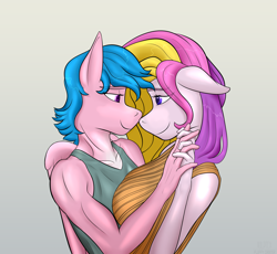 Size: 3702x3408 | Tagged: safe, artist:fluffyorbiter, firefly, fluttershy (g3), anthro, mlp fim's thirteenth anniversary, g1, g3, breasts, clothes, duo, female, flutterfly, gradient background, heart, heart eyes, high res, holding hands, implied flutterdash, implied lesbian, implied shipping, lesbian, lidded eyes, looking at each other, looking at someone, love, muscles, muscular female, shipping, sweater, tank top, wingding eyes