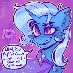 Size: 3101x3101 | Tagged: safe, artist:yumkandie, starlight glimmer, trixie, twilight sparkle, pony, unicorn, g4, bags under eyes, cape, cheek fluff, chest fluff, clothes, dialogue, ear fluff, ear piercing, earring, eyebrows, fangs, female, high res, implied lesbian, implied shipping, implied startrix, industrial piercing, jewelry, lightly watermarked, open mouth, piercing, pink background, pride, pride flag, pride flag pin, raised eyebrow, simple background, smiling, solo focus, speech, speech bubble, starry eyes, talking, text, trans trixie, transgender, transgender pride flag, trixie's cape, turned head, watermark, wingding eyes, yelling