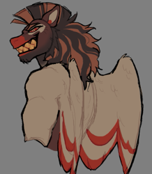 Size: 511x586 | Tagged: safe, oc, pegasus, anthro, fallout equestria, brown mane, brown pelt, colored, grin, mohawk, mullet, orange mane, red eyes, red nose, red wings, sharp teeth, simple background, sketch, smiling, stubble, swirly eyes, teeth, white torso, white wings, wings, yellow teeth