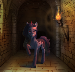 Size: 5056x4888 | Tagged: safe, artist:yasu, oc, pony, unicorn, basement, blue body, bricks, castle, dark, dark magic, evil, evil smile, grin, lidded eyes, light, magic, night, raised hoof, red eyes, smiling, solo, torch