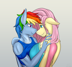 Size: 3702x3408 | Tagged: safe, artist:fluffyorbiter, fluttershy, rainbow dash, anthro, mlp fim's thirteenth anniversary, g4, breasts, busty fluttershy, clothes, dress, female, heart, heart eyes, high res, holding hands, lesbian, lidded eyes, looking at each other, looking at someone, love, muscles, muscular female, ship:flutterdash, shipping, tank top, wingding eyes