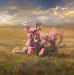 Size: 2991x3059 | Tagged: safe, artist:yasu, oc, kirin, pony, cloud, corn, field, flower, food, grass, green, high res, looking down, nature, pink body, pink hair, scenery, soft, solo, sunset
