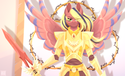 Size: 3548x2160 | Tagged: safe, artist:elektra-gertly, oc, oc:sindy silence, pegasus, anthro, armor, female, high res, sword, weapon, wings