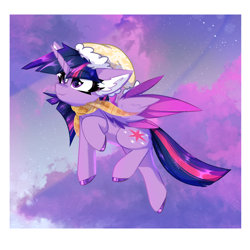Size: 2000x2000 | Tagged: safe, artist:jubyskylines, twilight sparkle, alicorn, pony, g4, clothes, cloud, colored wings, colored wingtips, female, flying, hat, high res, mare, passepartout, scarf, sky, solo, stars, twilight sparkle (alicorn), wings