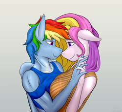 Size: 3702x3408 | Tagged: safe, artist:fluffyorbiter, fluttershy (g3), rainbow dash, anthro, mlp fim's thirteenth anniversary, g3, g4, breasts, clothes, female, gradient background, heart, heart eyes, high res, holding hands, implied flutterdash, implied lesbian, implied shipping, lesbian, lidded eyes, looking at each other, looking at someone, love, muscles, muscular female, shipping, sweater, tank top, wingding eyes