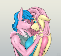 Size: 3702x3408 | Tagged: safe, artist:fluffyorbiter, firefly, fluttershy, anthro, mlp fim's thirteenth anniversary, g1, g4, breasts, busty fluttershy, clothes, dress, female, gradient background, heart, heart eyes, high res, holding hands, implied flutterdash, implied lesbian, implied shipping, lesbian, lidded eyes, looking at each other, looking at someone, love, muscles, muscular female, shipping, tank top, wingding eyes