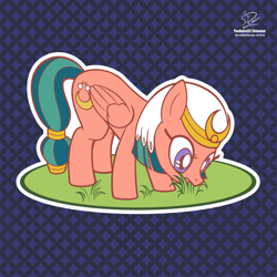 Size: 1920x1920 | Tagged: safe, artist:theratedrshimmer, somnambula, pegasus, pony, g4, abstract background, cute, eating, egyptian, egyptian headdress, egyptian pony, female, folded wings, grass, grazing, herbivore, horses doing horse things, mare, solo, somnambetes, wings