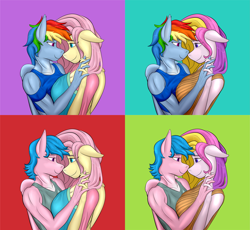Size: 4345x4000 | Tagged: safe, artist:fluffyorbiter, firefly, fluttershy, fluttershy (g3), rainbow dash, anthro, mlp fim's thirteenth anniversary, g1, g3, g4, breasts, busty fluttershy, clothes, dress, female, flutterfly, heart, heart eyes, holding hands, implied flutterdash, implied lesbian, implied shipping, lesbian, lidded eyes, looking at each other, looking at someone, love, muscles, muscular female, ship:flutterdash, shipping, sweater, sweatershy, tank top, wingding eyes